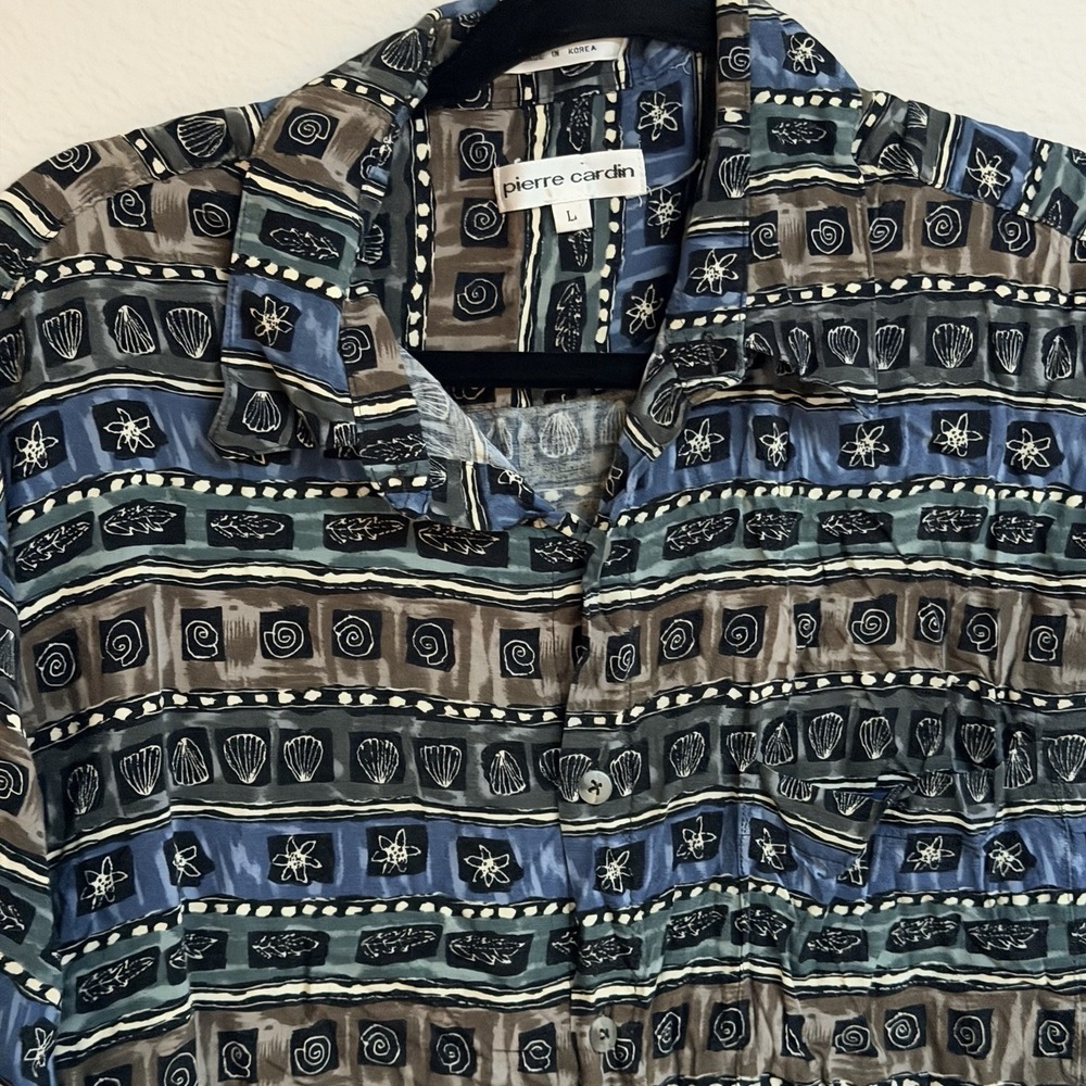Vintage 90s Pierre Cardin Mens L Nautical Shell Print Rayon Camp Shirt Button Up